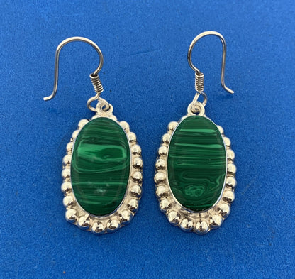 Vintage Taxco Mexico Designer Sterling Silver 925 Malachite Statement Earrings