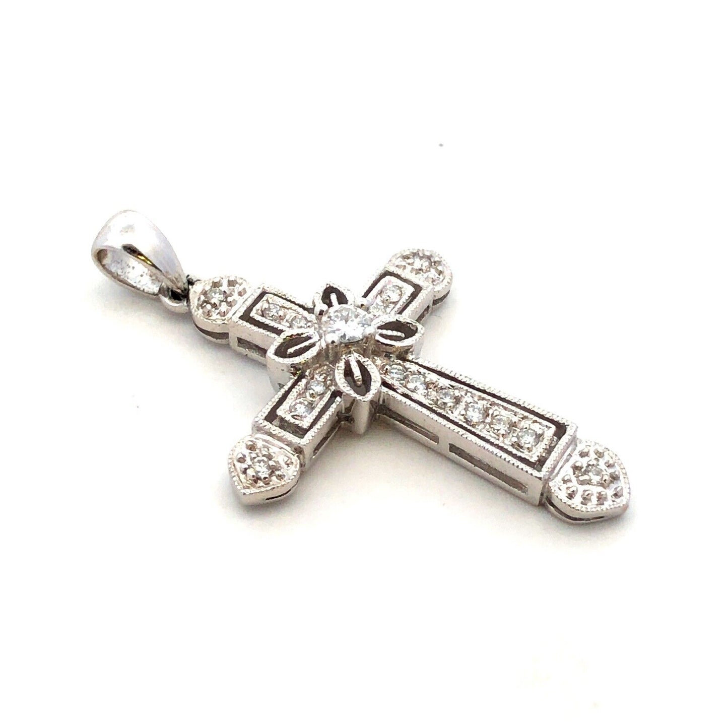 Designer 14K White Gold Diamond Encrusted Floral Religious Cross Pendant