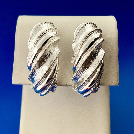 Classic Silver Tone Polished Textured Beaded Twist Half Hoop Clip Earrings