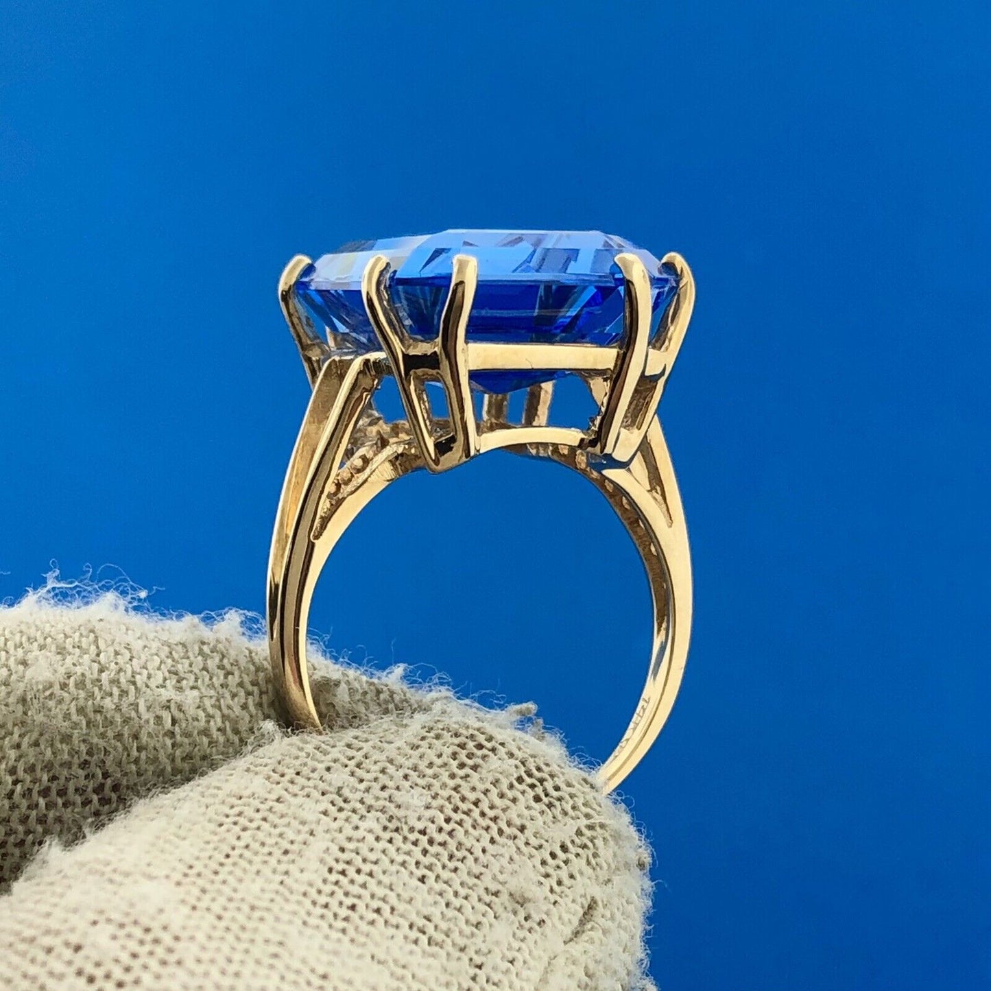 Fabulous 14K Yellow Gold Emerald Cut Lab Blue Spinel Solitaire Statement Ring