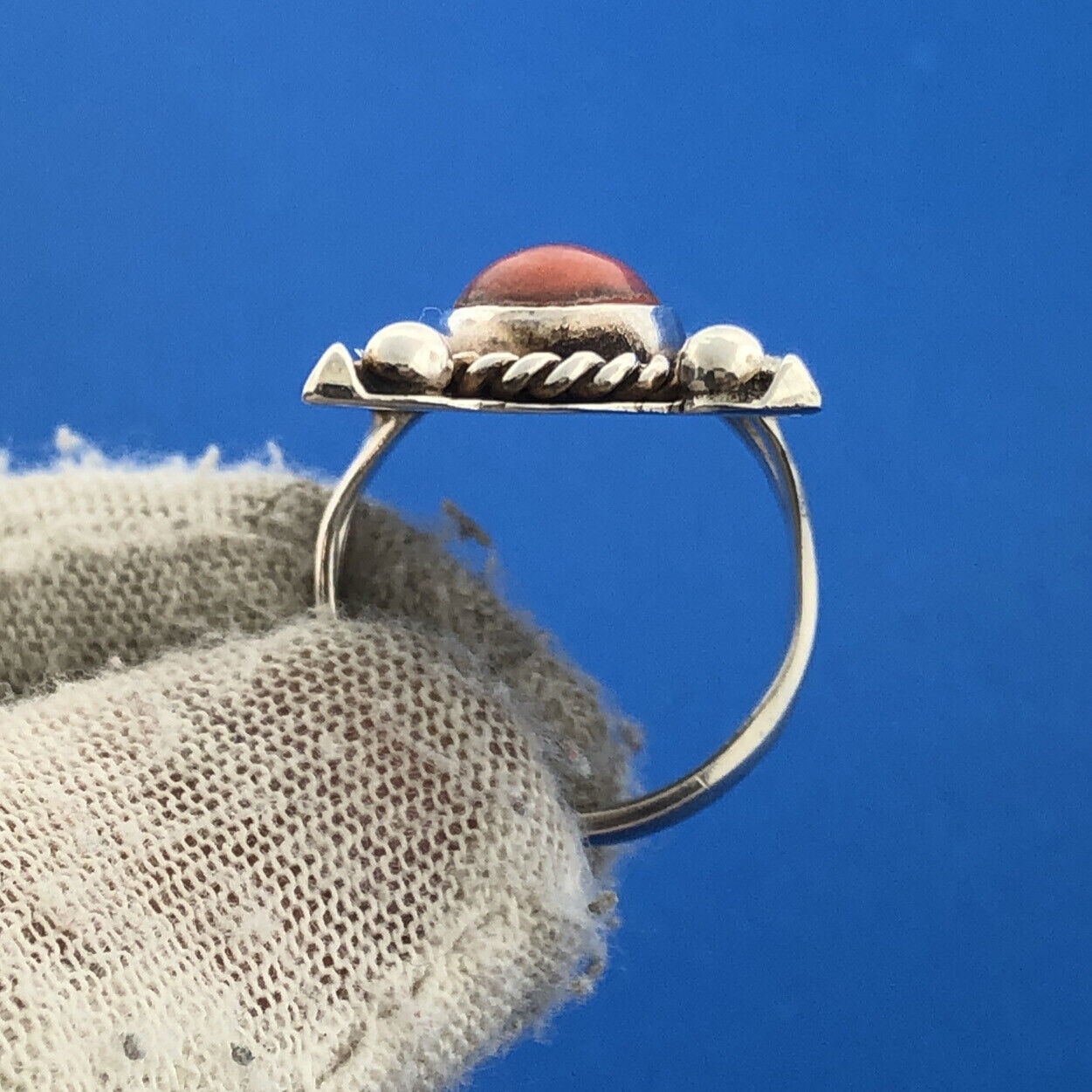 Native American Artisan Sterling Silver Coral Turquoise Rectangle Statement Ring