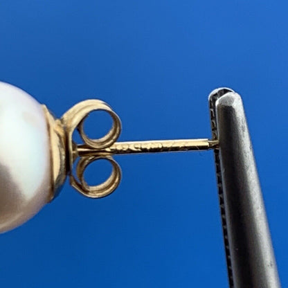 Gorgeous 14k Yellow Gold 8mm White Pearl Friction Back Stud Earrings