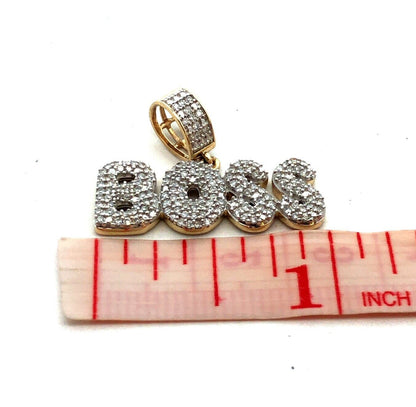 Designer 10K Yellow Gold Diamond Pave Encrusted BOSS Word Statement Pendant