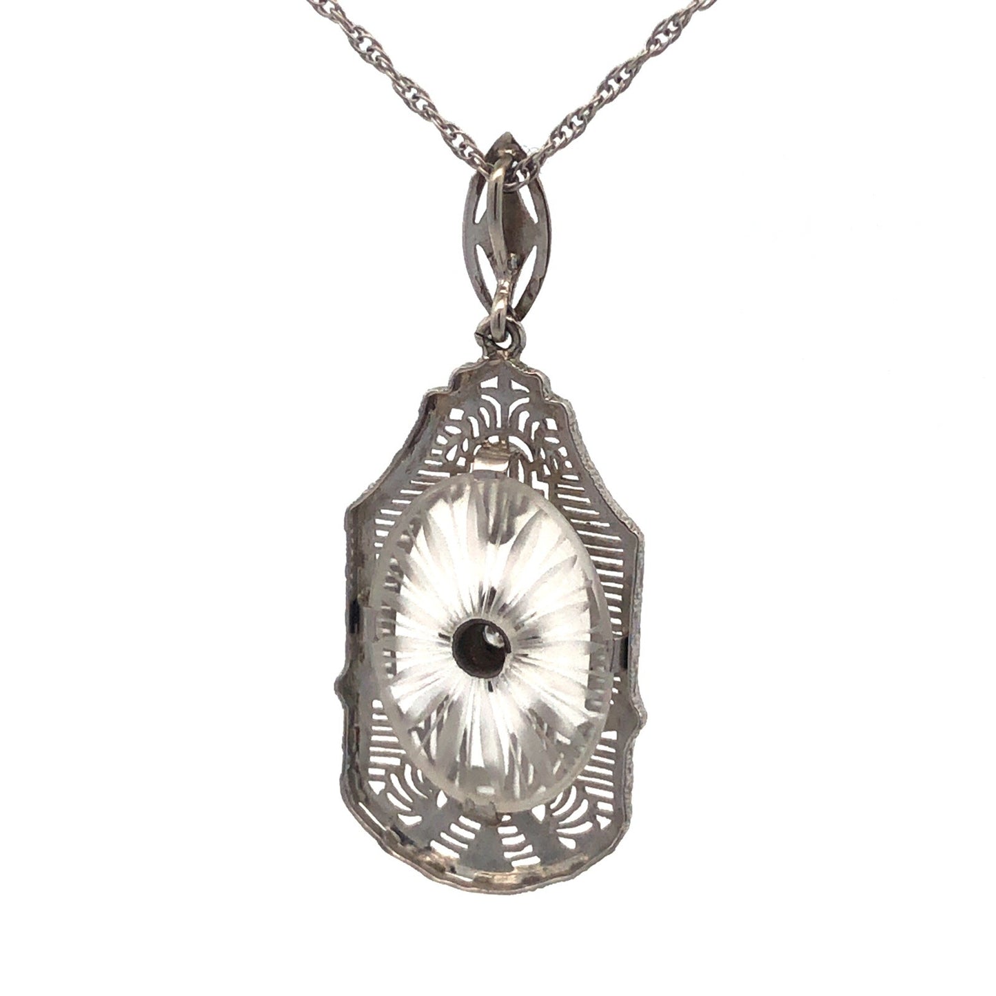 Vintage MSCo 14K White Gold Diamond Carved Art Glass Filigree Pendant Necklace