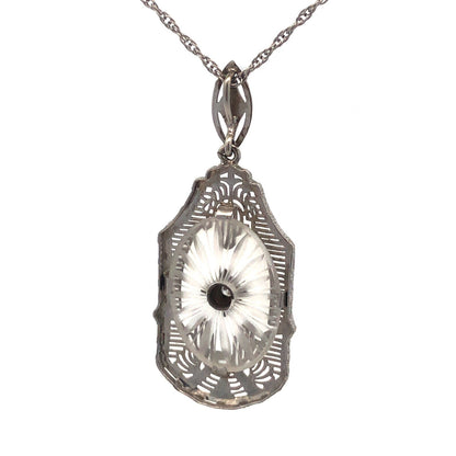 Vintage MSCo 14K White Gold Diamond Carved Art Glass Filigree Pendant Necklace