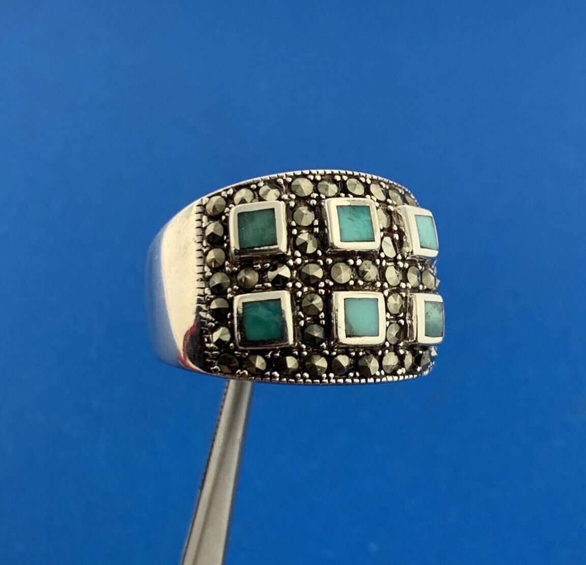 Designer 925 Sterling Silver Turquoise Marcasite Inlay Statement Dome Ring