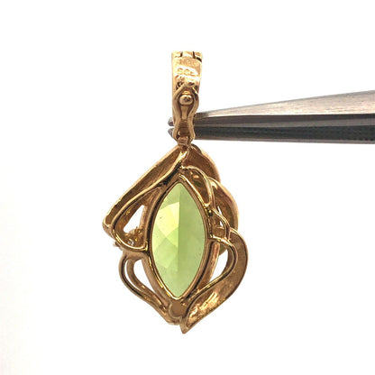 Vintage 14K Yellow Gold Marquise Peridot Round Diamond Accent Modernist Pendant