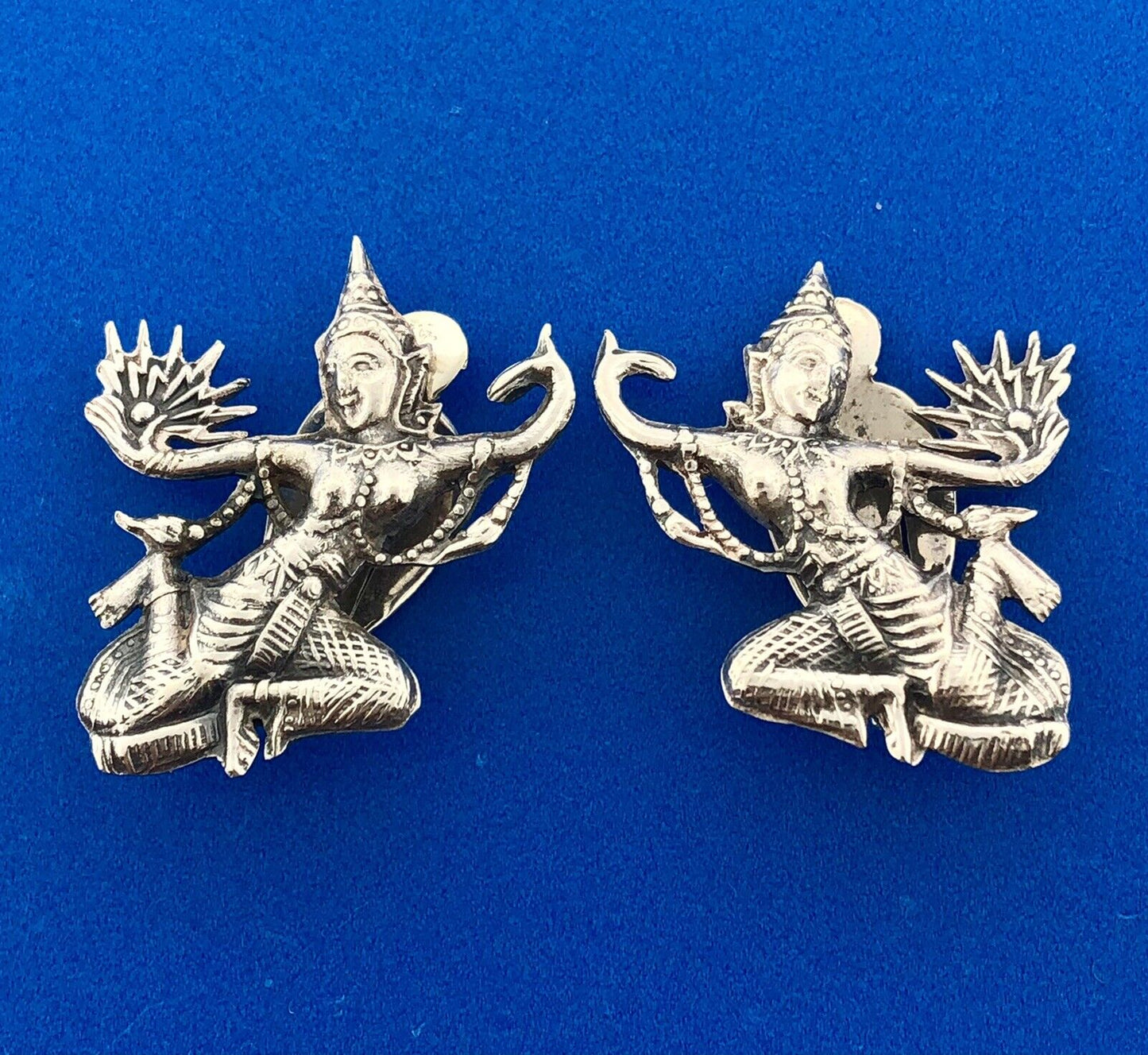 Estate Siam 925 Sterling Silver Dancing Buddha Fan Fertility Clip Earrings