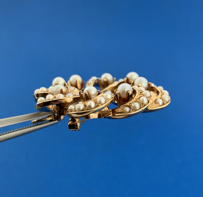 Designer 14K Yellow Gold Seed Pearl Floral Wreath Diverse Pendant Or Brooch