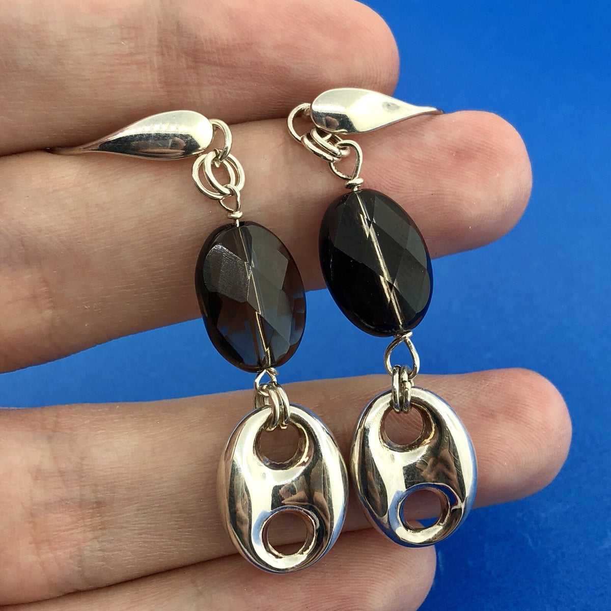 Designer Italy Sterling Silver 925 Smoky Quartz Topaz Modernist Dangle Earrings