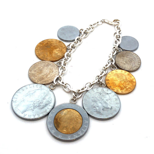 Designer Milor Italy 925 Sterling Silver Italian Coin Currency Charm Bracel
