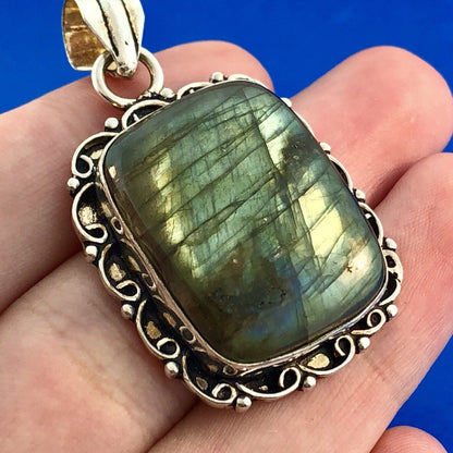 Sterling Silver 925 Labradorite Leo Scorpio Sagittarius Zodiac Stone Pendant