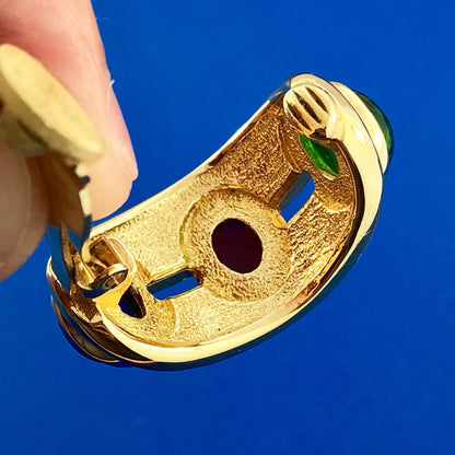 Vintage Runway Gold Tone Red Blue Green Glass Cabochon Rhinestone Clip Earrings