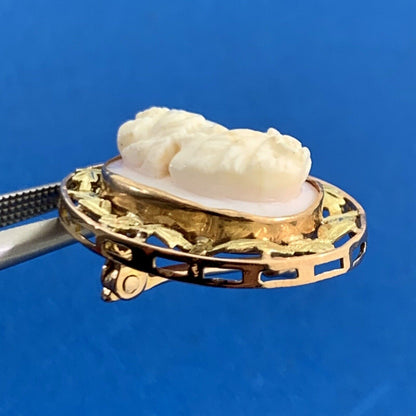 Victorian Carved Pink Cameo 10K Rose & Yellow Gold Border Leaves Brooch Pendant