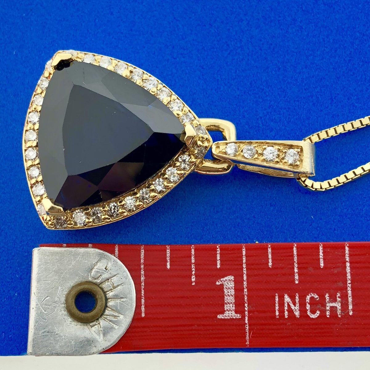 Custom 18K Yellow Gold Large Trillion Cut Lab Created Sapphire Diamond Pendant