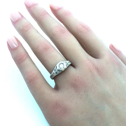 14k White Gold Round Solitaire Diamond W/Accents Art Deco Engagement Ring