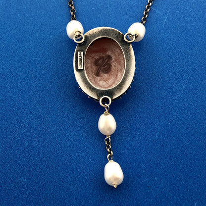Vintage Italian Designer 925 Sterling Silver Cameo Pearl Station Necklace