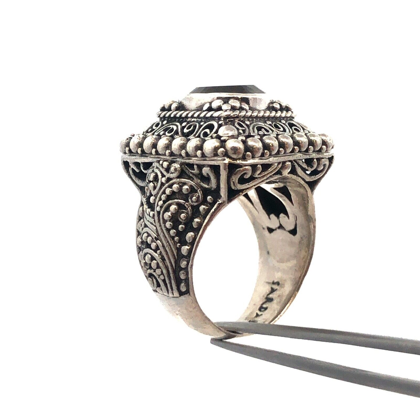 Designer Sarda 925 Sterling Silver Smoky Topa Filigree Square Statement Ring
