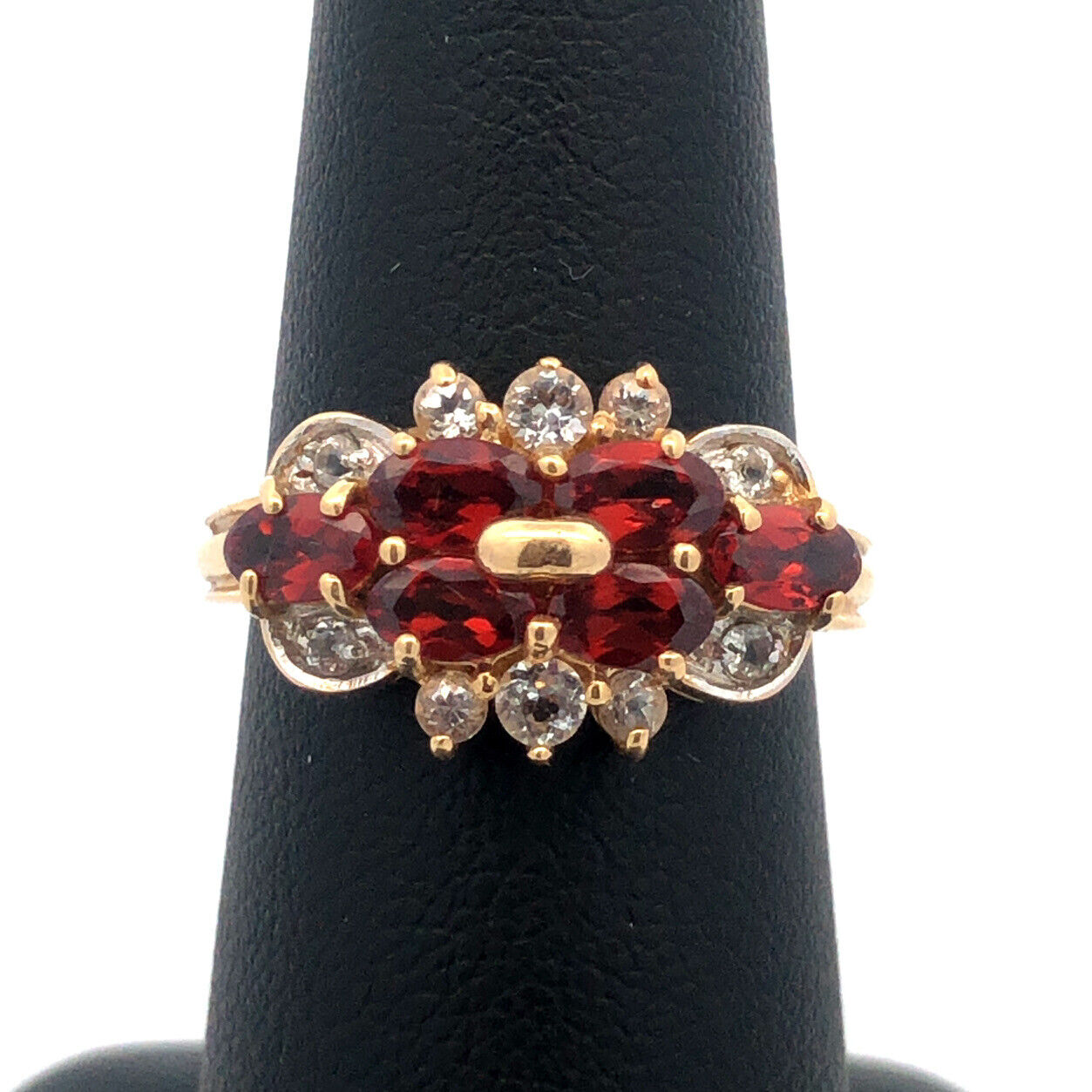 Designer 14K Yellow Gold Oval Garnet Diamond Cluster Cocktail Ring