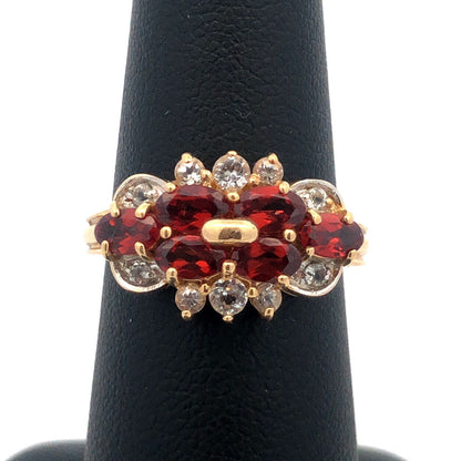 Designer 14K Yellow Gold Oval Garnet Diamond Cluster Cocktail Ring