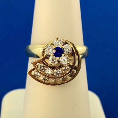 Retro 10K Yellow Gold Blue White Cubic Zirconia Star Comet Spinner Ring