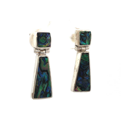Vintage 925 Sterling Silver Abalone Modernist Rectangle Drop Stud Earrings