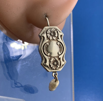 Vintage Pearl Dangle 925 Sterling Silver Floral Panel Hook Lever-back Earrings