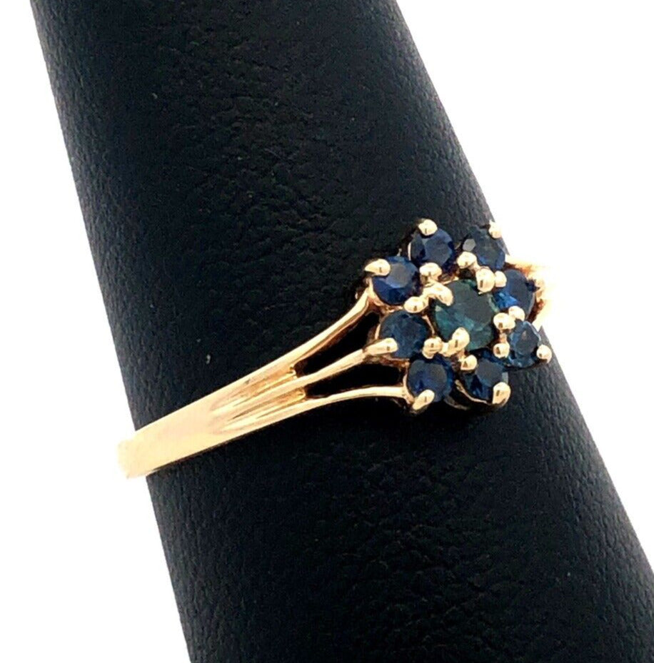 Designer 14K Yellow Gold Round Blue Sapphire Flower September Anniversary Ring