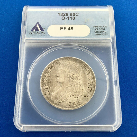 1826 Capped Bust Silver Half Dollar 50c Lettered Edge ANACS EF45 O-110 Coin