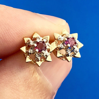 Retro 14K Yellow White Gold Ruby Starburst July Anniversary Stud Earrings