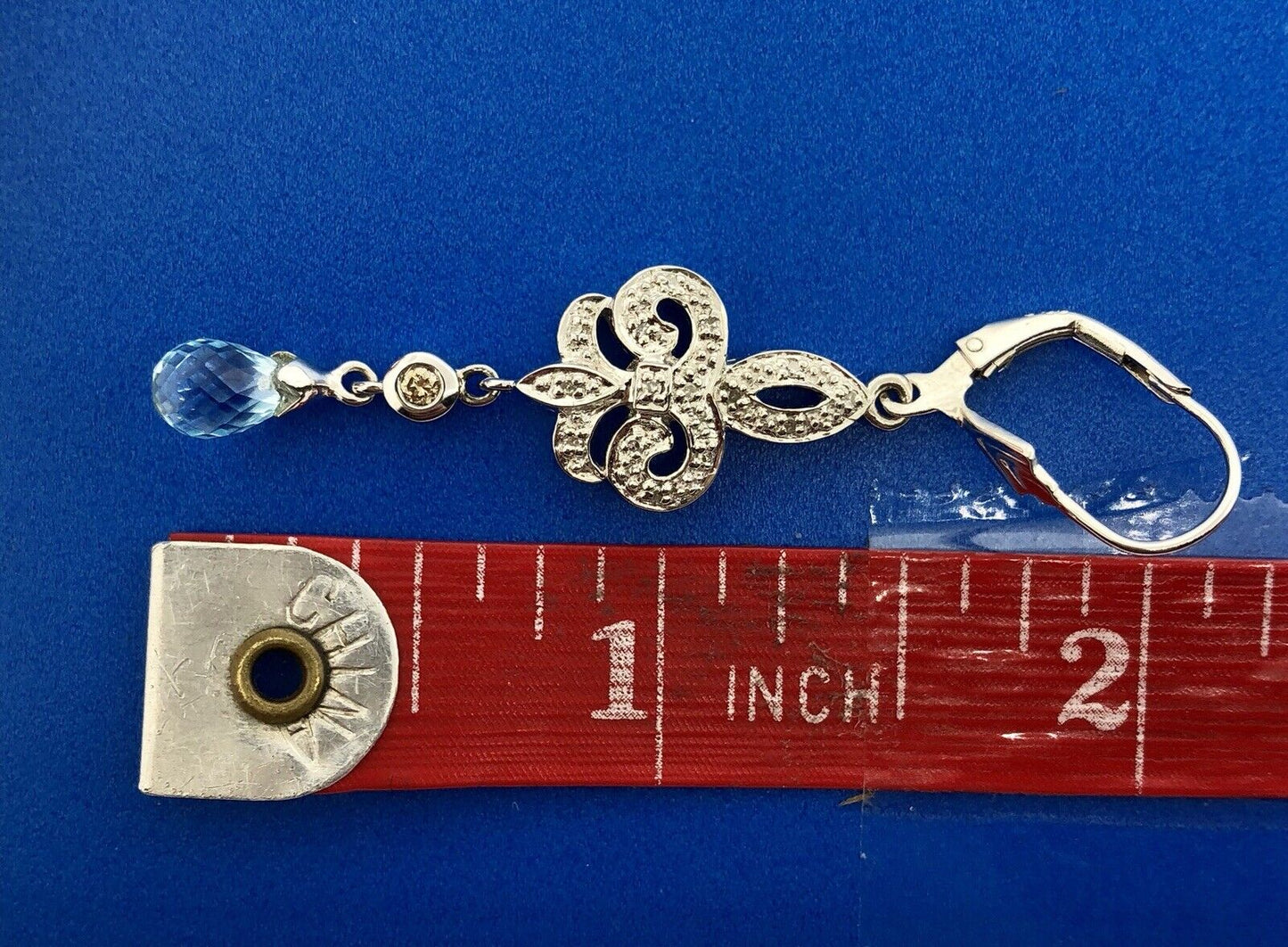 Designer EA Sterling Silver 925 Diamond Blue Topaz Fleur De Lis Drop Earrings