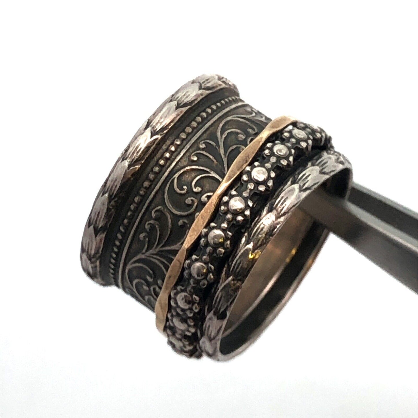 925 Sterling Silver 9K Yellow Gold Scroll Wide Cigar Band Ring