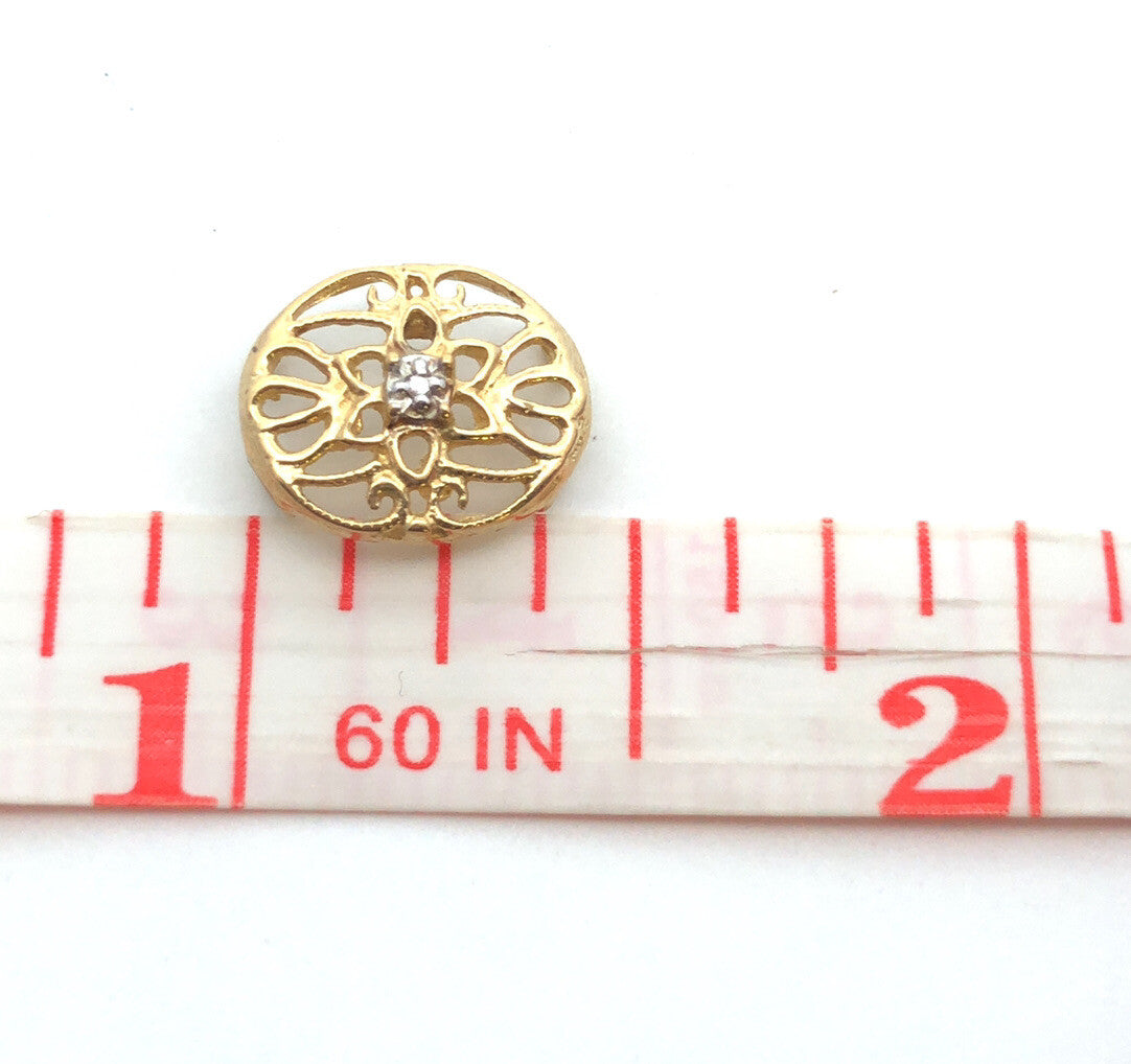 Designer 10K Yellow Gold Diamond Floral Scroll Oval Slide Bracelet Charm
