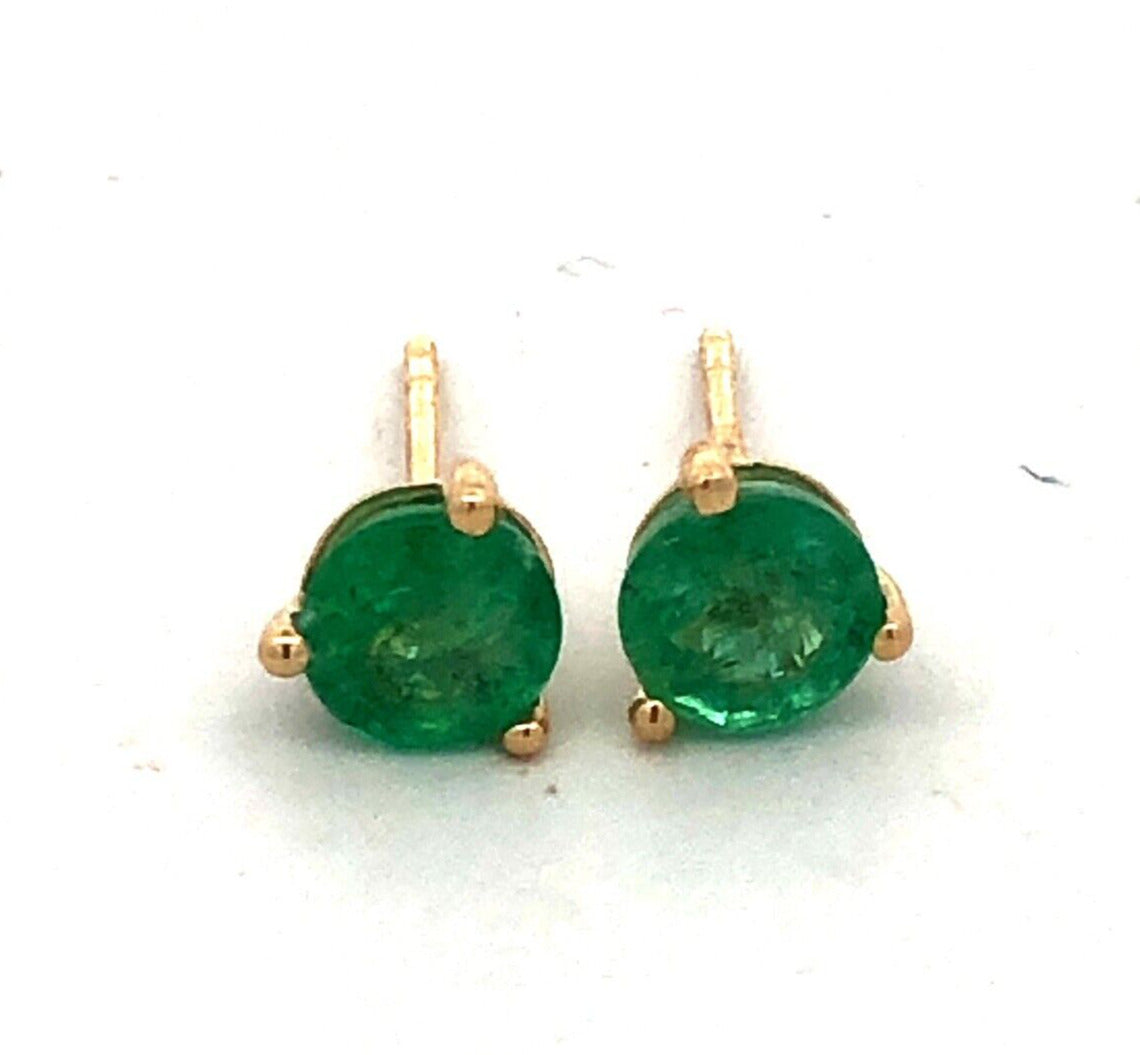 Designer PAM 14K Yellow Gold Round Green Emerald Solitaire Stud Earrings