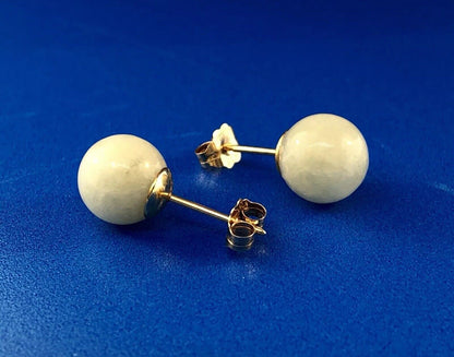 Designer 14K Yellow Gold Jade Jadeite Bead Ball Stud Earrings
