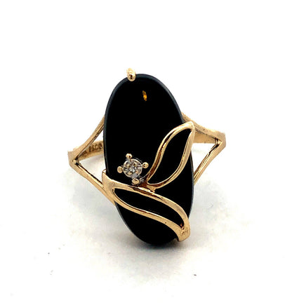 10K Yellow Gold Designer PSCO Oval Black Onyx Diamond Flower Statement Ring