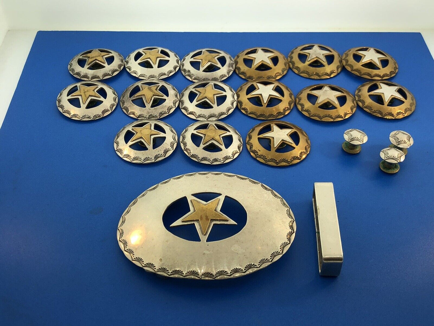 Southwestern Sterling Silver Brass Star Texas Star 23 Piece Rodeo Buckle Set