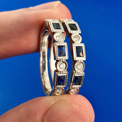 18K White Gold Emerald Cut Sapphire Round Diamond Stackable Anniversary Ring
