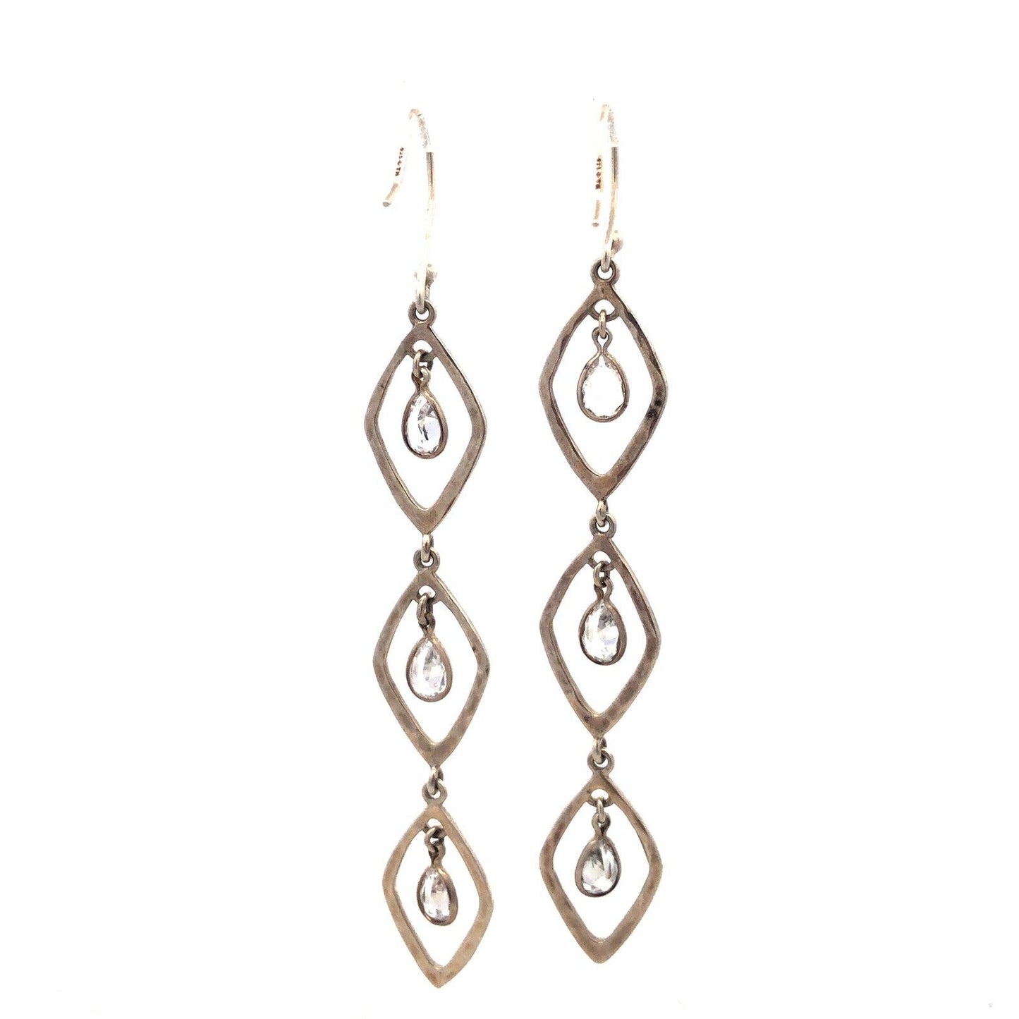 Estate 925 Sterling Silver Pear Cubic Zirconia CZ Oval Modernist Dangle Earrings