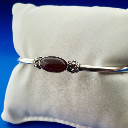 Vintage Designer FAS 925 Sterling Silver Carnelian Station Bead Bangle Bracelet
