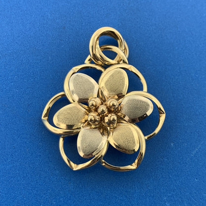 Designer Italy 14K White Yellow Gold Two Toned Brushed Statement Floral Pendant