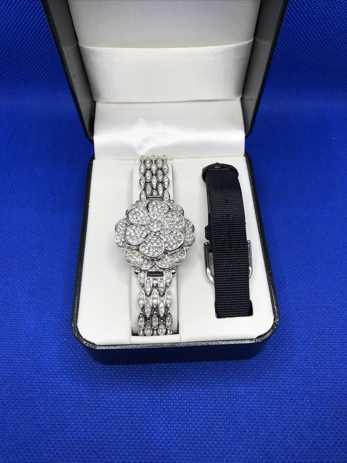 Suzanne Somers Pave Rhinestone Encrusted Flower Bracelet Hidden Watch NIB