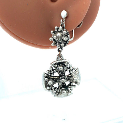 Vintage 900 Fine Silver Jerusalem Cross Detailed Clip On Dangle Earrings