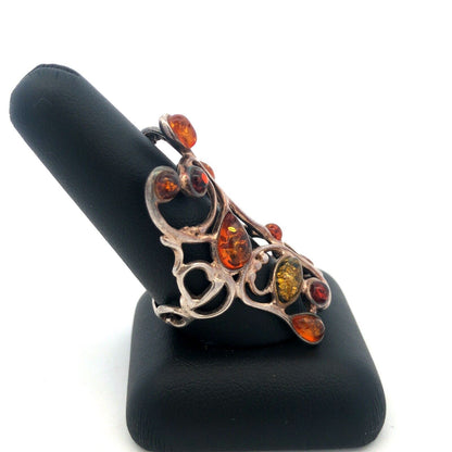 S6205Retro 925 Sterling Silver Mixed Amber Open Work Scroll Statement Finger Rin