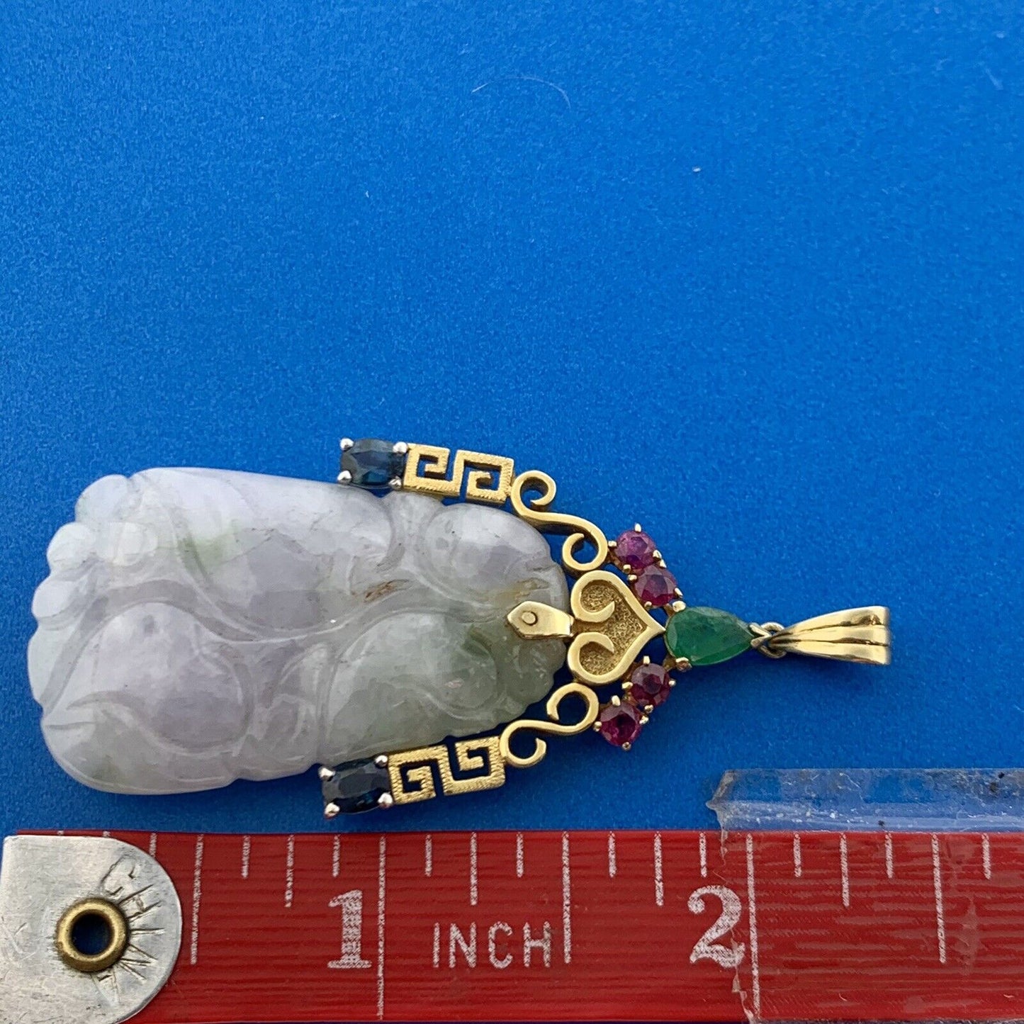 Gorgeous 18k Yellow Gold Carved White Jade Emerald Ruby Sapphire Dangle Pendant