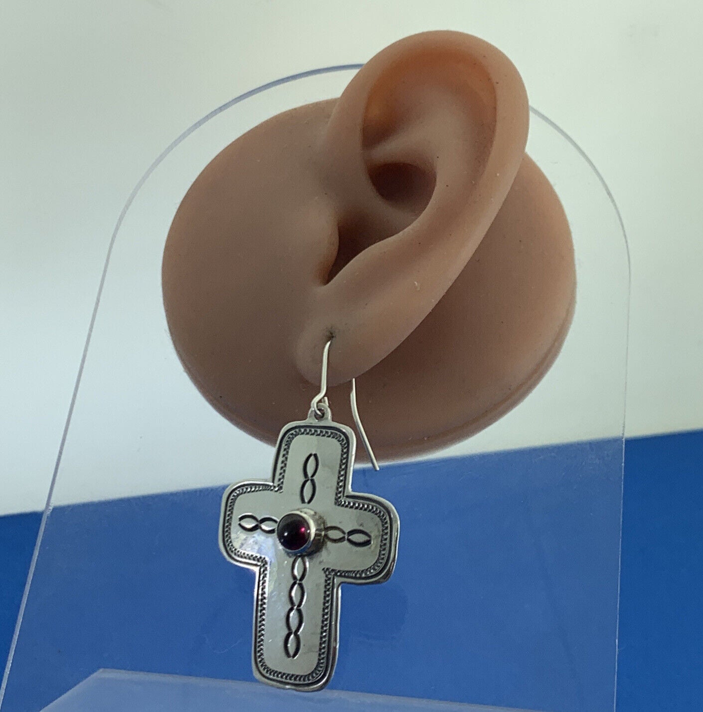 Don Lucas Native American 925 Sterling Silver Garnet Drop Dangle Concho Earrings