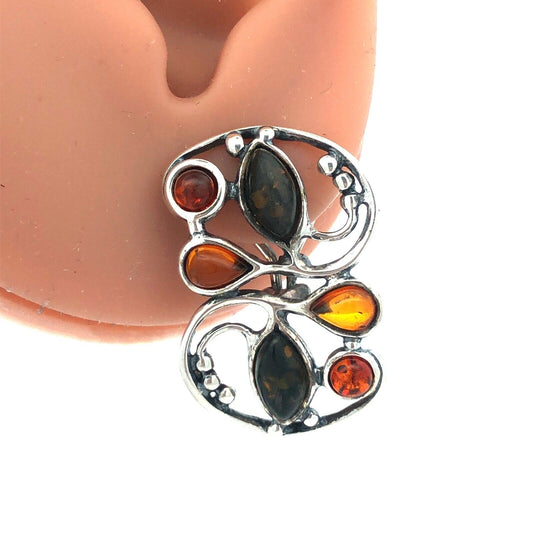 Estate Sterling Silver Amber Cabochon Modernist Omega Statement Stud Earrings