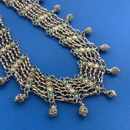 Vintage Silver Tone Floral Lattice Turquoise 7 Strand Statement Collar Necklace