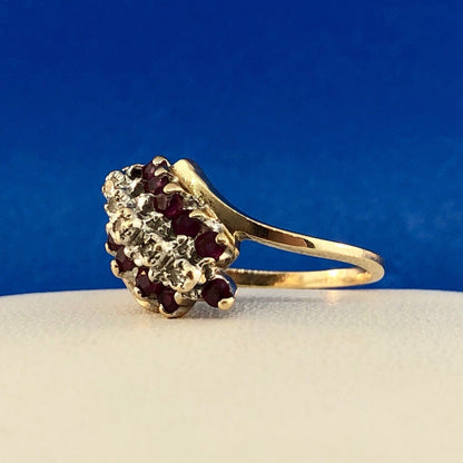 Vintage 10K Yellow Gold Ruby Diamond Cluster Bypass Cocktail July Occasion Ring