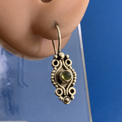 Estate 925 Sterling Silver Peridot Cabochon Bead & Scroll Dangle Earrings